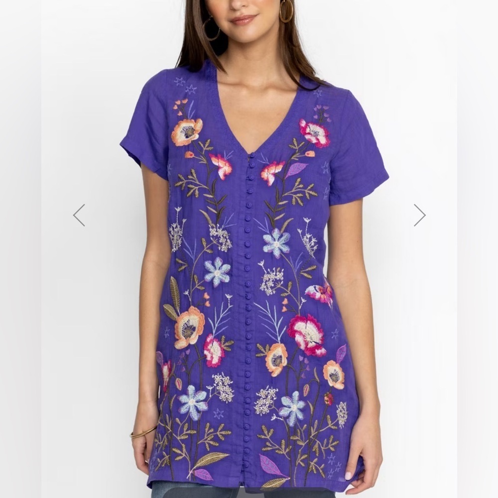 Johnny Was floral embroidered Nila blue tunic button  dress XXS fits XS/S